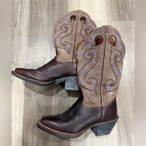 Tony Lama Women’s Boots Brown w/purple Embroidered Flowers Sz7.5